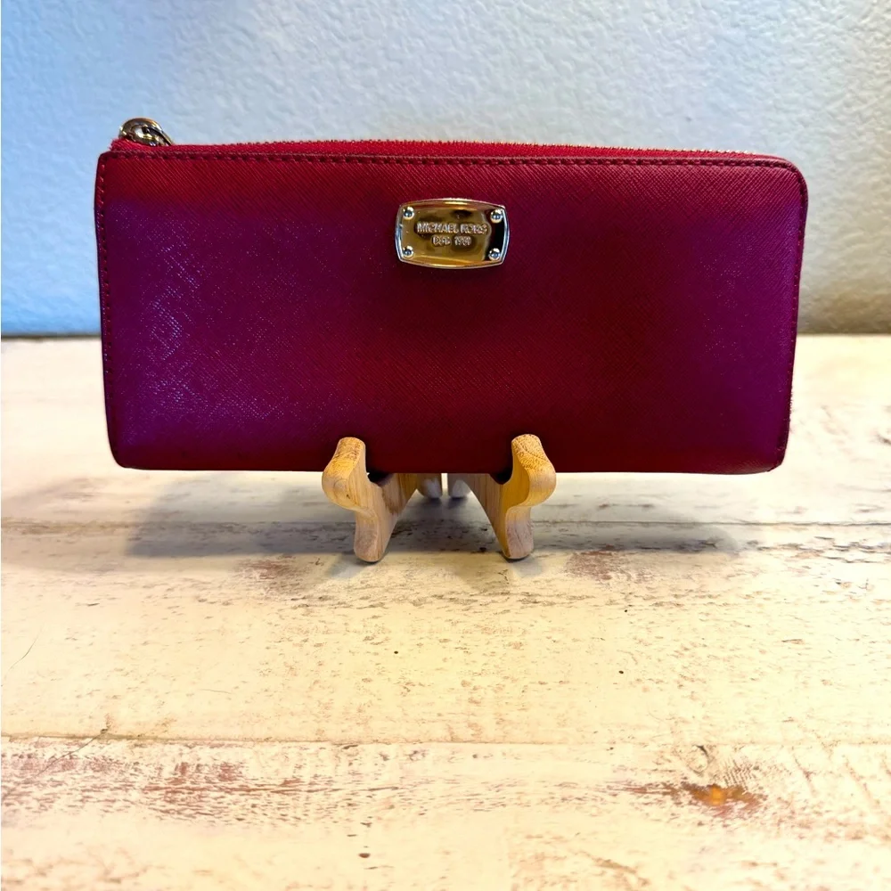 Michael Kors Saffiano Leather Zip-Around Wallet – Raspberry Red